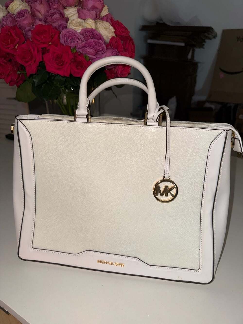 Michael Kors Jessie Large Optic White Pebbled Leather Satchel Tote Bag